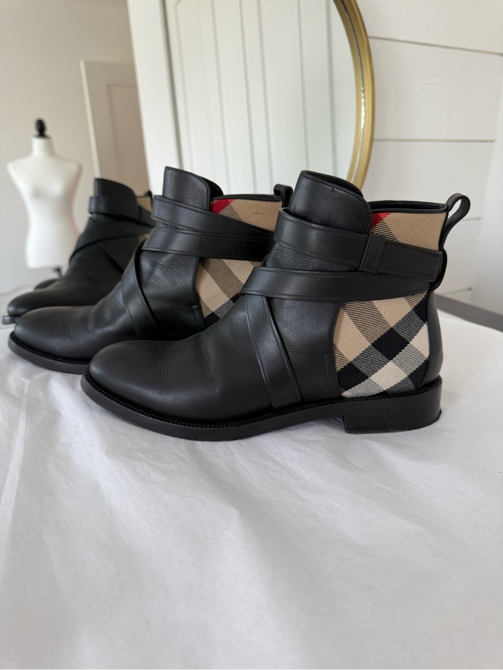 Burberry Black Leather Ankle Boots with Beige Check Panel and Red Accent